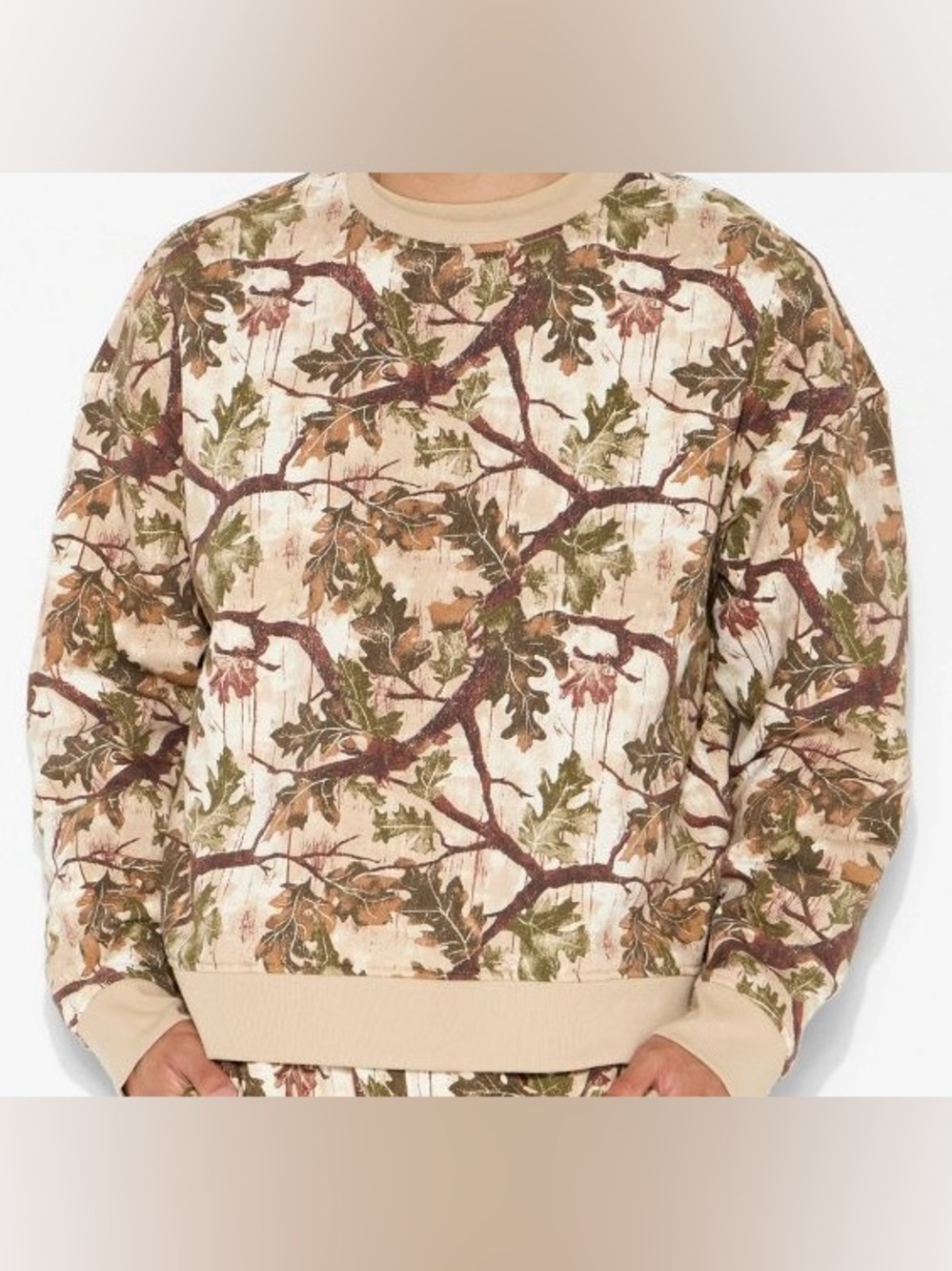 Original Use Beige Camo Leaf Crewneck Sweater with Green and Brown Accents